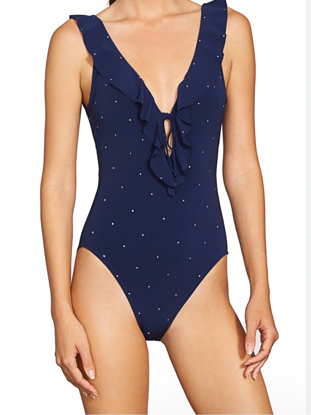 Robin Piccone Jennie Plunge One Piece Swimsuit with Navy Polka Dot